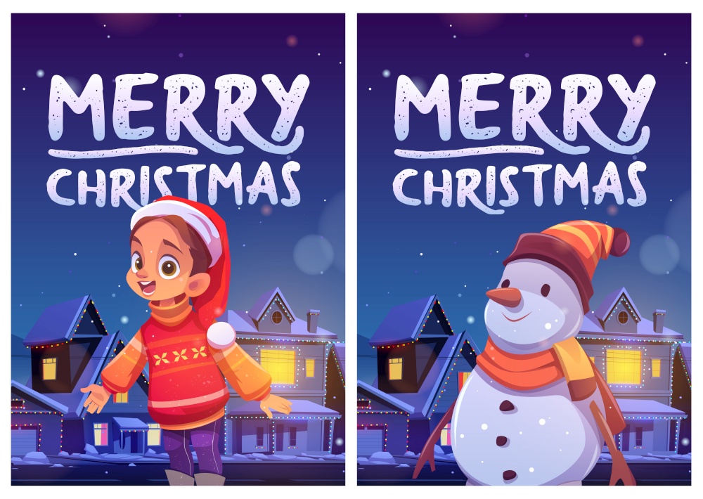 Merry Christmas flyers with cute girl and snowman in night winter city. Vector posters with cartoon illustration of child in red Santa Claus hat on background of street with snow and xmas decoration. Merry Christmas flyers with cute girl and snowman