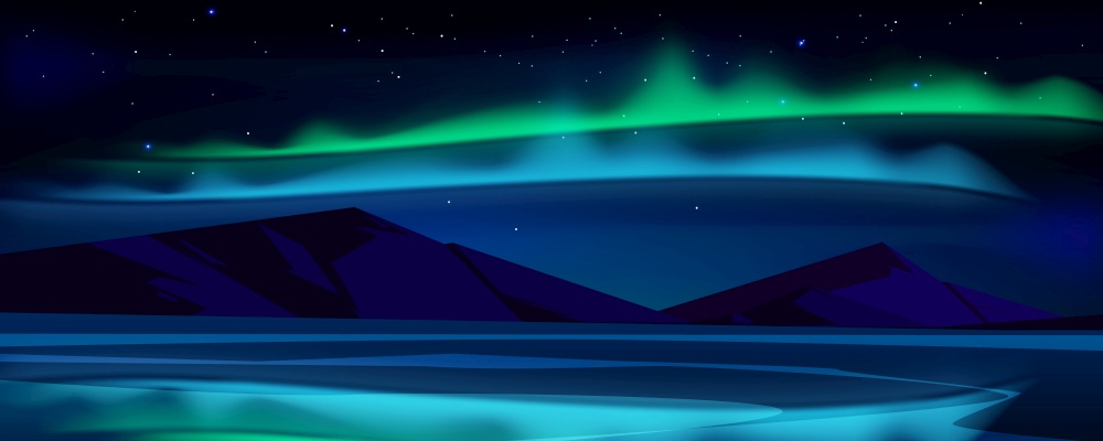 Night landscape with aurora borealis in sky, lake and mountains on horizon. Vector cartoon illustration of green and blue northern lights and stars in winter sky above arctic sea. Night landscape with aurora borealis in sky
