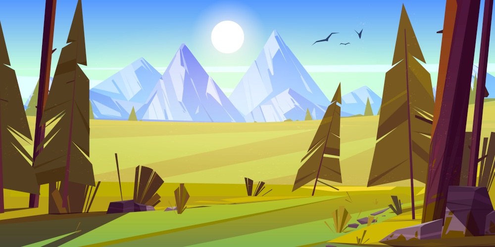 Cartoon nature landscape with mountain, green field and conifers trees, rocks and forest under blue sky with bright shining sun, scenery view background, summer or spring wood, vector illustration. Cartoon nature landscape with mountain and field
