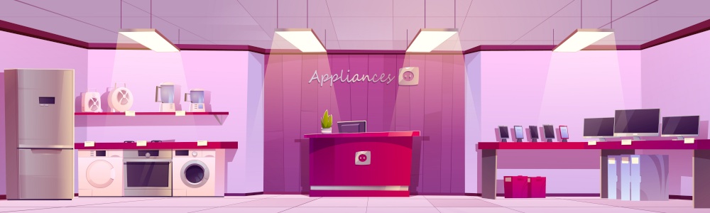 Home appliances store with household equipment and counter with cashbox. Vector cartoon interior of empty shop with computers, refrigerator, washing machine, stove, mobile phones and blenders. Home appliances store with phones and fridge