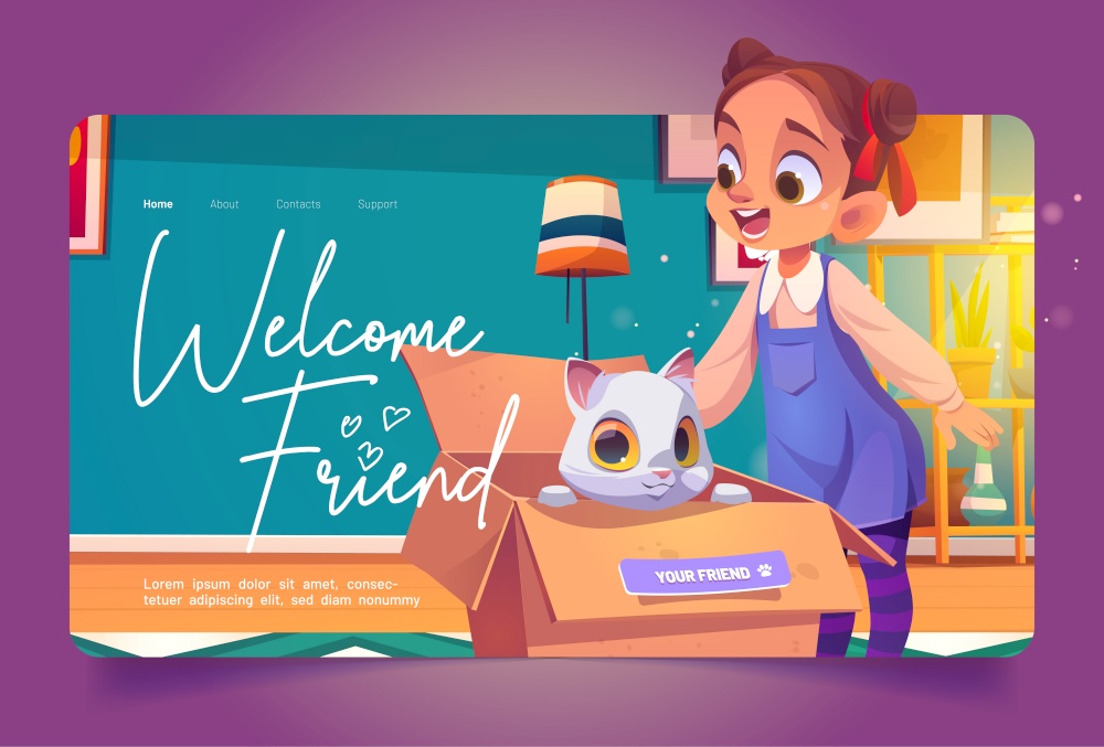 Welcome friend cartoon landing page. Happy little girl find kitten in carton box. Pets adoption, save a life of homeless cat, animal rescue, custody, support and love concept, Vector illustration. Welcome friend cartoon landing, girl find kitten