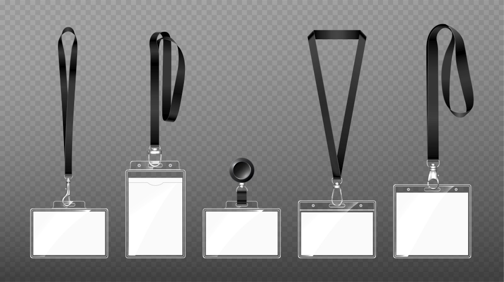 Badges on lanyards with lobster clasp or hooks, blank id cards in transparent plastic cases hang on ribbons, identity tags template on belt or lace. Swivel snap clips, isolated 3d Vector mockup set. Badges on lanyards with lobster clasp or hooks