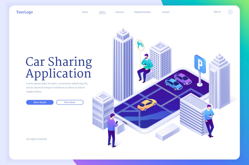 Car sharing application isometric landing page. Online carsharing app mobile service, auto drive on huge smartphone screen with city map, people order transportation using phones, 3d vector web banner. Car sharing application isometric landing page