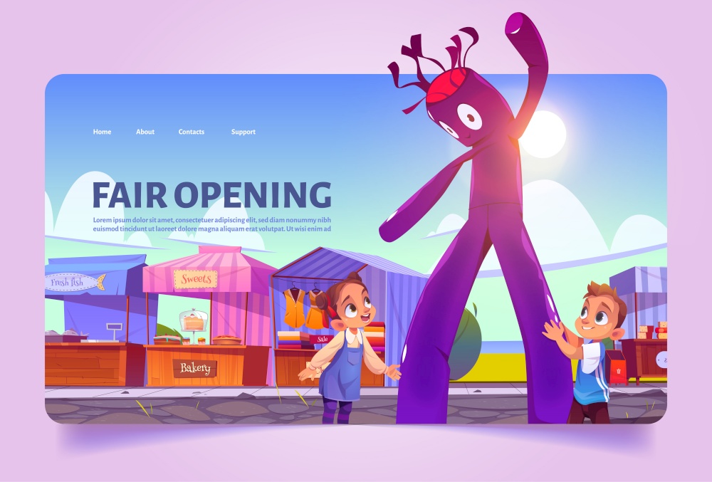 Fair opening cartoon landing page. Kids at outdoor market with air waky man, stalls, booths and kiosks with striped awning and production. Boy and girl children having joy and fun, vector illustration. Fair opening cartoon landing page. Kids at market
