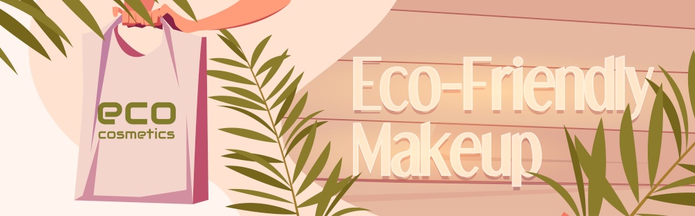 Eco cosmetics cartoon banner, woman hand holding tote bag with eco-friendly makeup or beauty cosmetic products with palm leaves. Natural production for face or body care background Vector illustration. Eco cosmetics cartoon banner hand holding tote bag