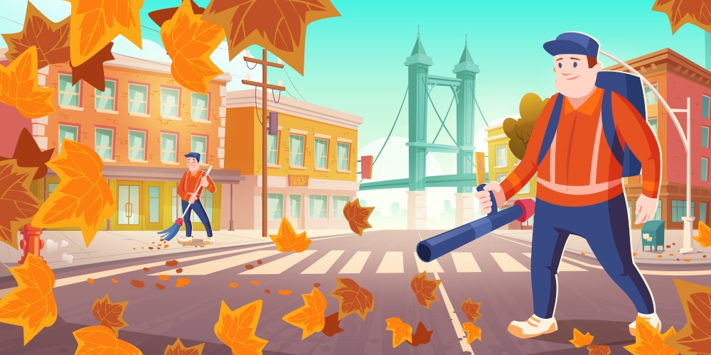 Urban sanitary service works. Janitors street cleaners sweeping dust and blowing out fallen leaves on cityscape background. Men with blower and broom cleanup autumn city, cartoon Vector illustration. Urban sanitary service work, janitors clean street