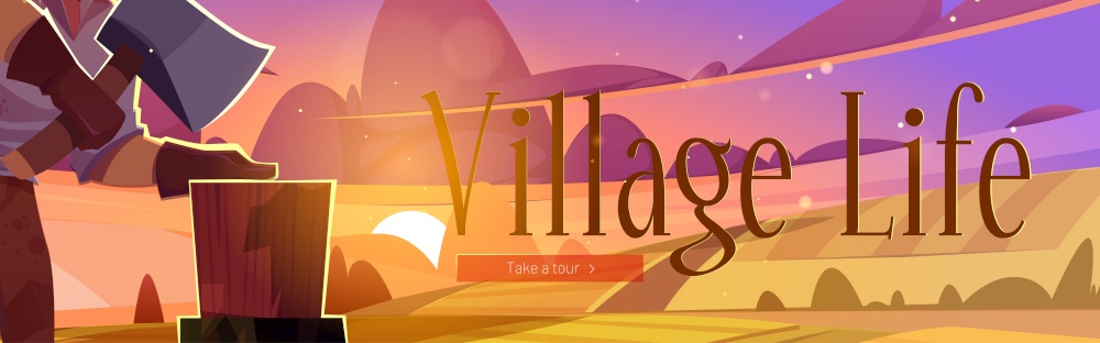 Village life cartoon web banner, man villager with axe chop firewood on rural countryside dusk landscape background with scenery field and pink sky. Lumberjack cutting wood logs, vector illustration. Village life web banner, villager chop firewood