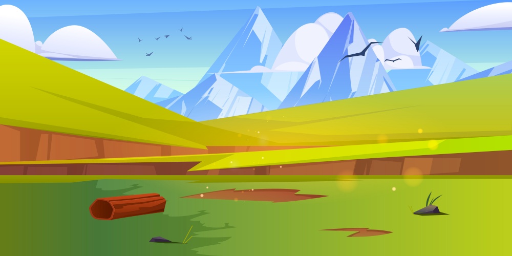 Summer landscape with green meadows and white mountains on horizon. Vector cartoon illustration of valley with grass, hills, snow rocks on skyline, birds and clouds in sky. Mountain landscape with green meadows