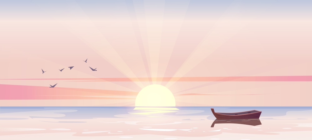 Early morning sunrise seascape, lonely wooden boat on sea or ocean picturesque landscape. Nature background with skiff floating on calm water with birds flying in pink sky, Cartoon vector illustration. Early morning scenery seascape, lonely wooden boat