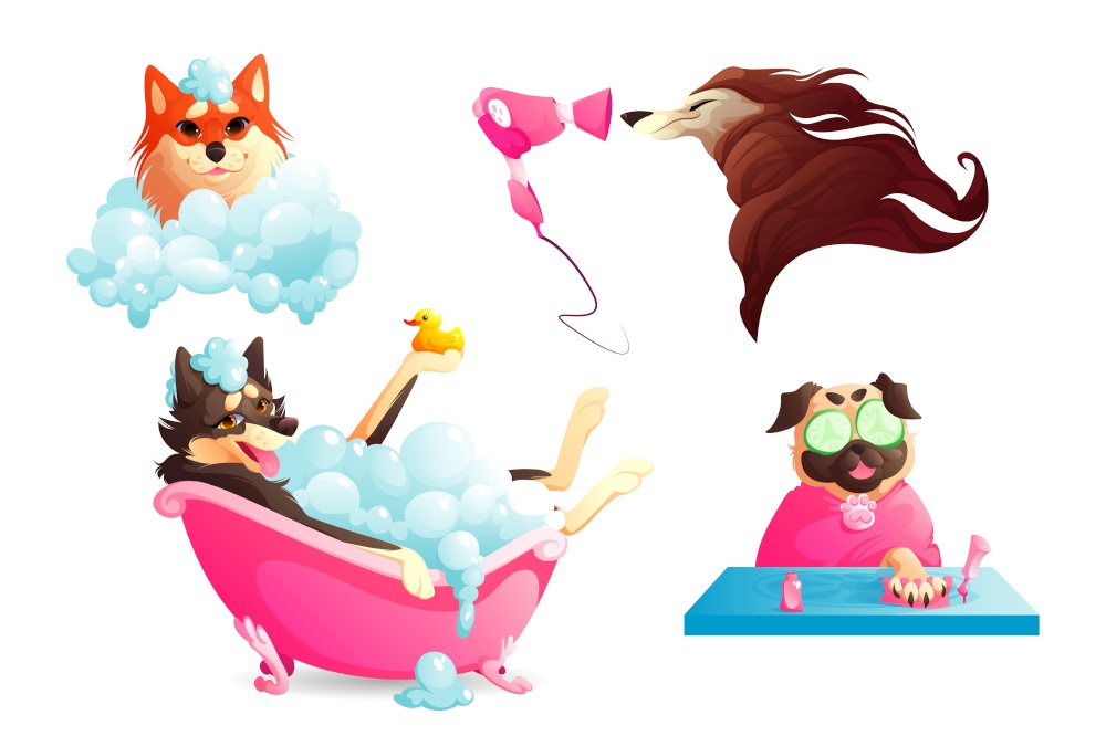 Grooming and spa salon for pets. Dogs washing in bathtub with soap foam, drying fur and manicure. Vector cartoon set of happy canine receive body care in salon or vet clinic. Grooming and spa salon for dogs