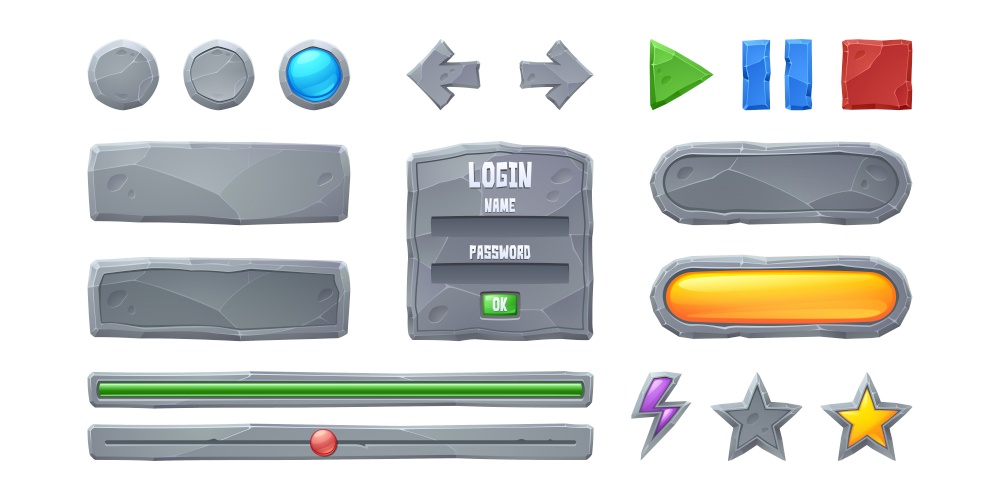 Set progress bars and game buttons ui or gui design elements. Cartoon interface of stone texture. Menu boards, user setting panel with slider, stop, pause and arrows, flash or star keys, Vector icons. Set progress bars and game buttons gui elements