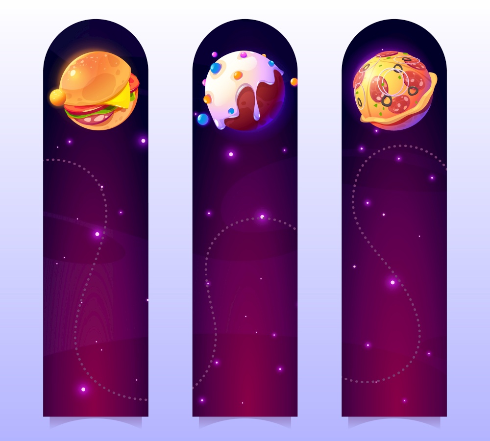 Funny bookmarks with food planets in outer space. Vector vertical banners with cartoon illustration of fantasy galaxy with spheres with pizza, burger and donut texture. Funny bookmarks with food planets in outer space