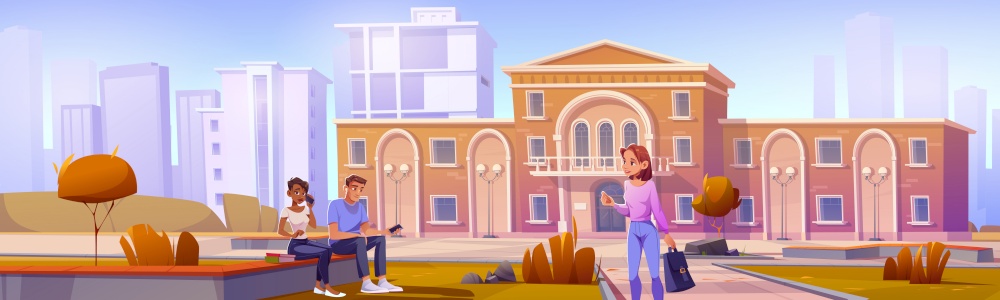 University campus or library facade with students diversity. Multiracial young men and women with books and smartphones communicate at high school building front yard, Cartoon vector illustration. University campus or library facade with students