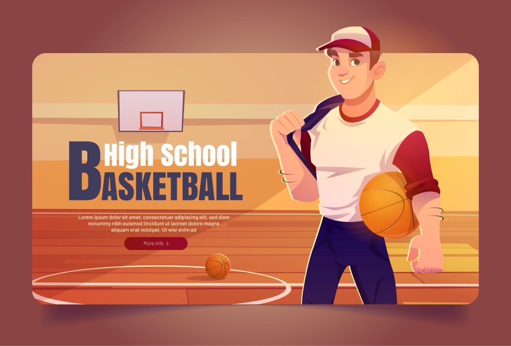High school basketball cartoon web banner, sportsman in team uniform holding ball on gymnasium background with hoop and markup on wooden floor. Junior college league tournament, Vector illustration. High school basketball cartoon web banner, league