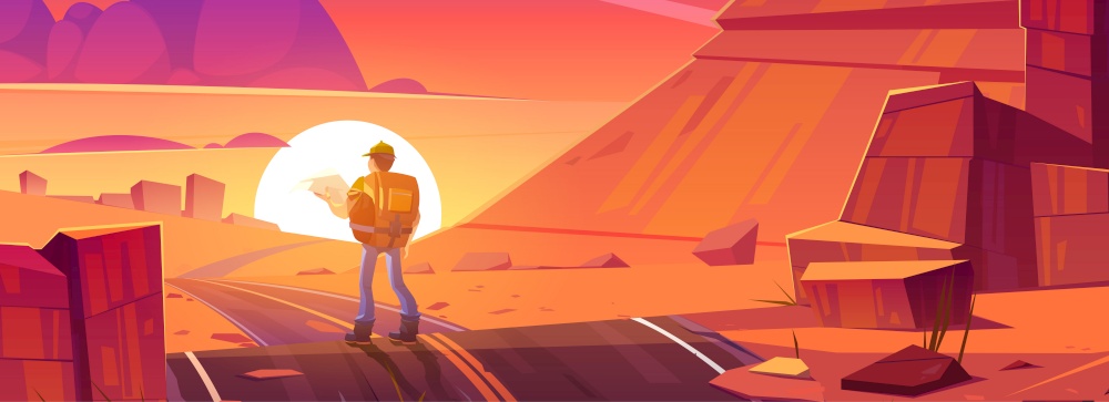 Desert landscape with orange rocks, road and hiker man on background of evening sun. Vector cartoon illustration of tourist with backpack and map on highway in hot desert at sunset. Desert with road and man hiker at sunset