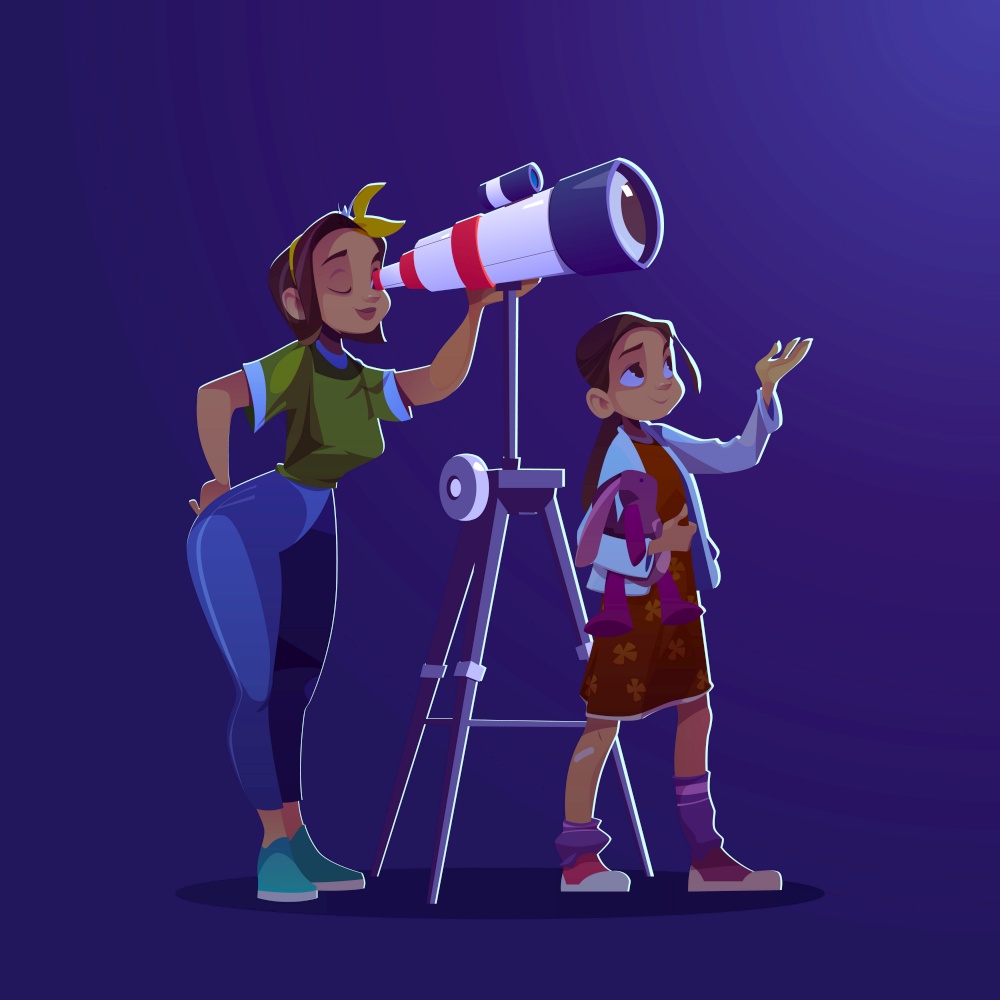 Girl and woman looking through telescope. Concept of astronomy education, cosmos exploration and discovery. Vector cartoon illustration of mother and daughter watching stars and planets. Girl and woman looking through telescope