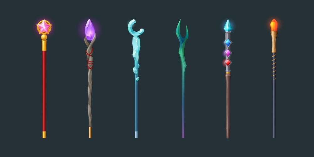 Set of magic staff, walk sticks or wands with glow gems, frozen ice crystal and pink glass star. Magician weapon rods for sorcerers, rpg fantasy game assets and equipment, Cartoon vector illustration. Set of magic staff, walk sticks or wands with gems