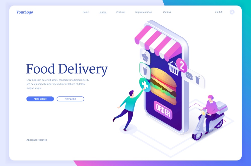 Food delivery banner. Online service for order from restaurant or store with fast shipping. Vector landing page with isometric illustration of smartphone with burger on screen and courier on scooter. Online food delivery service banner