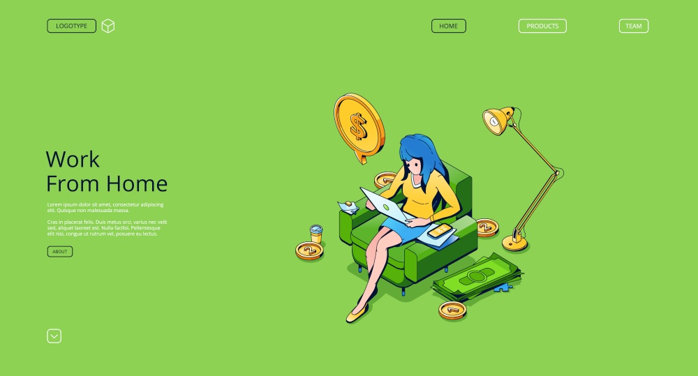 Work from home isometric landing page. Woman freelancer working on laptop sitting on armchair at domestic office. Distant workplace for businesswoman, analyst, designer, 3d vector line art web banner. Work from home isometric landing page, freelancer