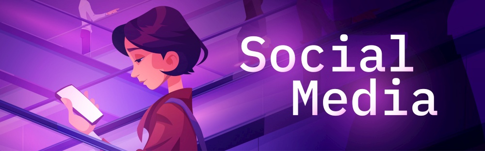 Social media poster with girl using mobile phone on escalator. Vector banner of online communication, network and internet content with cartoon illustration of woman with smartphone. Social media poster with girl using mobile phone