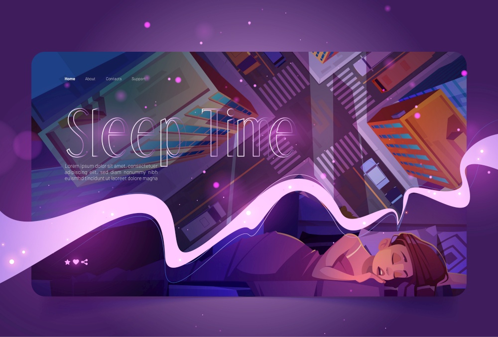 Sleep time website with woman naps and top view of city street. Vector landing page with cartoon illustration of girl sleeping in bed under blanket and see in dreams cityscape with building roofs. Sleep time website with woman naps and city