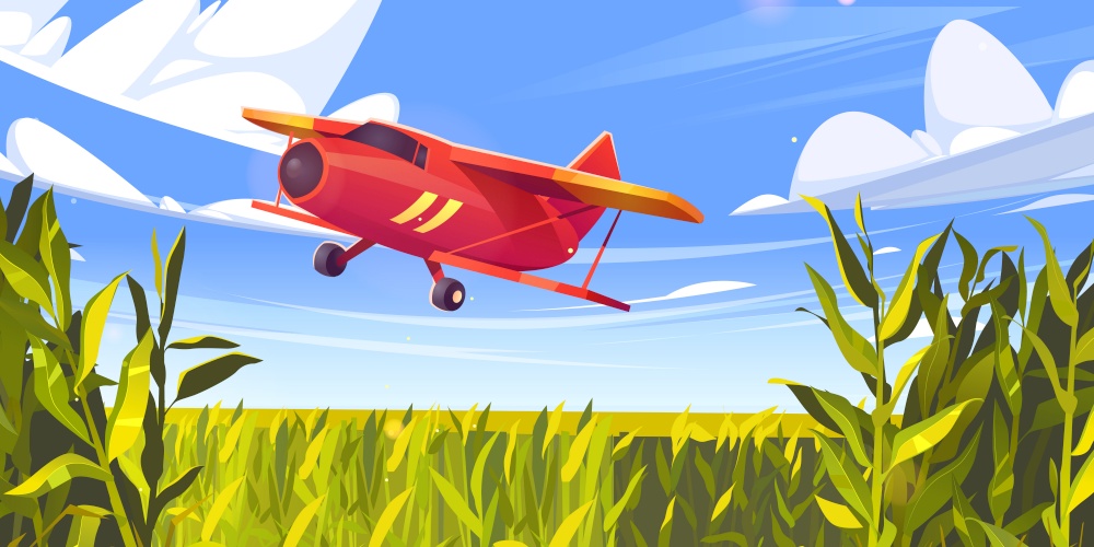 Crop duster plane flying over green corn field, farm airplane in blue cloudy sky. Agricultural cropduster machine spraying pesticides on meadow, farming aircraft, aviation, Cartoon vector illustration. Crop duster plane flying over green corn field