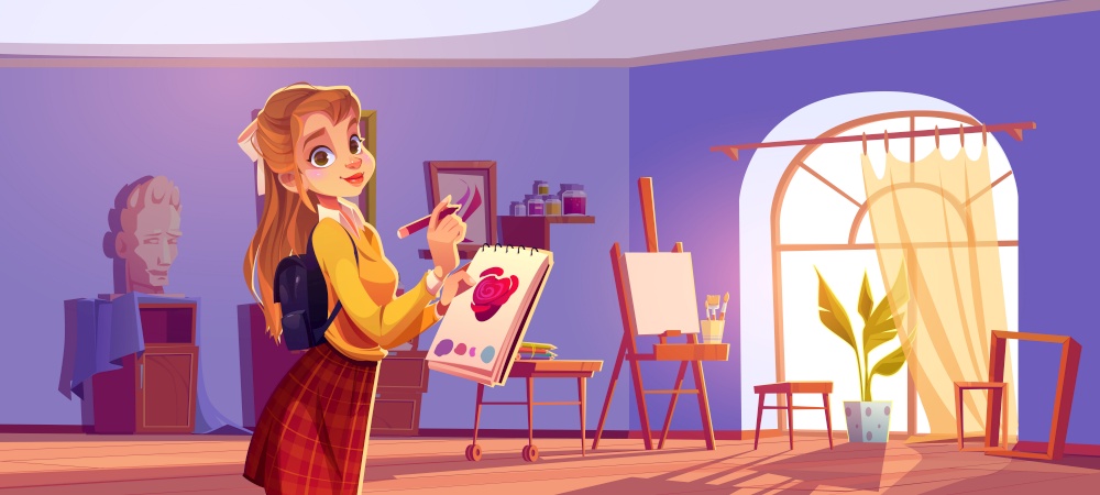 Girl painter in art studio with canvas and brushes on easel, paints on shelves and colored pencils. Vector cartoon illustration of artist workshop interior and woman with notebook and pencil. Girl painter in art studio with canvas and brushes