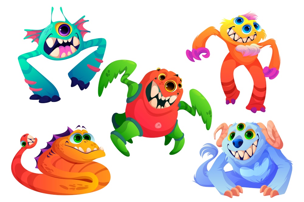 Cute monsters, little alien animals with teeth, horns, many eyes and fur. Vector cartoon set of funny creatures, small ugly beasts smile and laughing isolated on white background. Cute little monsters, funny alien animals