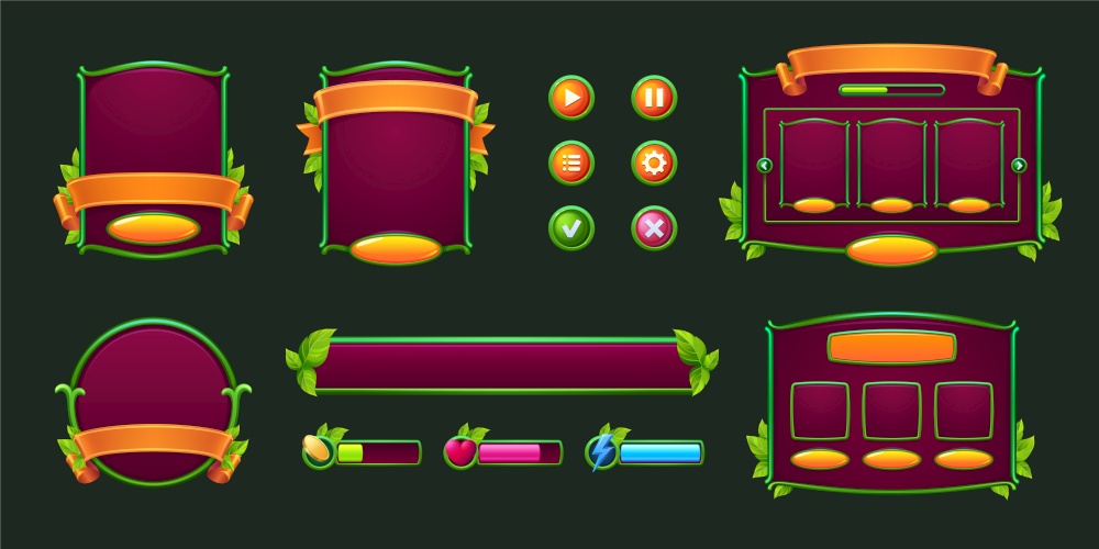 Game buttons and frames with green borders and leaves. Design elements and assets with plants for user interface. Vector cartoon set of bars, check and cross marks and panels. Game buttons and frames with green leaves