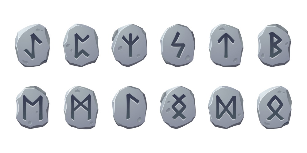 Rune stones with sacred glyphs for game design isolated on white background. Vector cartoon set of ancient stones with engraved magic signs, scandinavian runic characters. Rune stones with sacred glyphs for game design