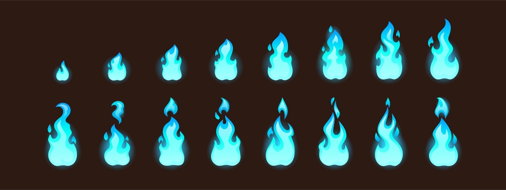 Burning blue fire for 2d animation or video game. Vector cartoon animation sprite sheet with sequence of magic flame on torch, candle or bonfire isolated on black background. Burning blue fire for 2d animation or video game