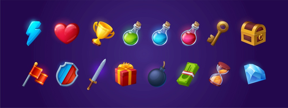 Set of game icons, shield, sword, lightning flash and heart, golden cup, magic potion flasks, gold key and treasure chest. Cartoon 3d ui flag, gift box, bomb and money bills, hourglass and brilliant. Set of game icons, shield, sword, flash and heart