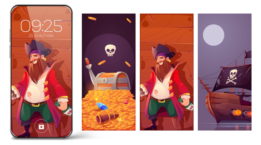 Pirate theme for smartphone screensaver with captain, treasure chest on pile of gold coins and wooden ship with black sails and flag. Vector cartoon illustrations for mobile phone screen. Pirate theme for smartphone screensaver