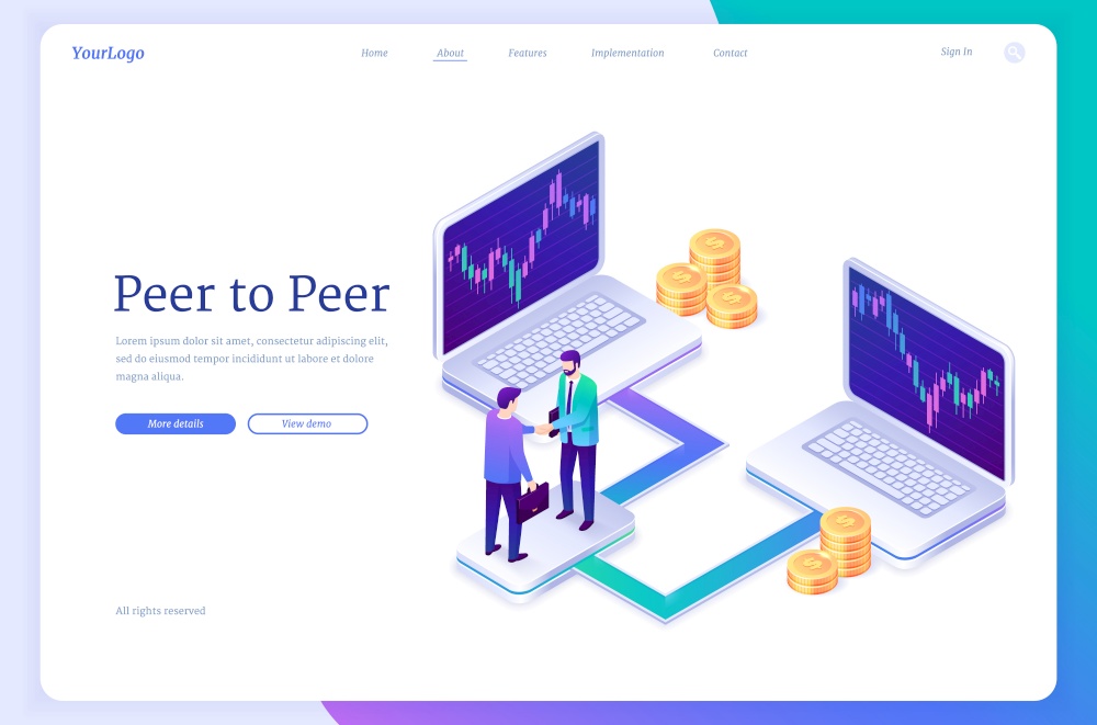 Peer to peer business communication, P2P banner. Concept of distributed economy, one-rank fintech relationships. Vector landing page with isometric illustration of people handshake, laptops and money. Peer to peer business communication, P2P banner