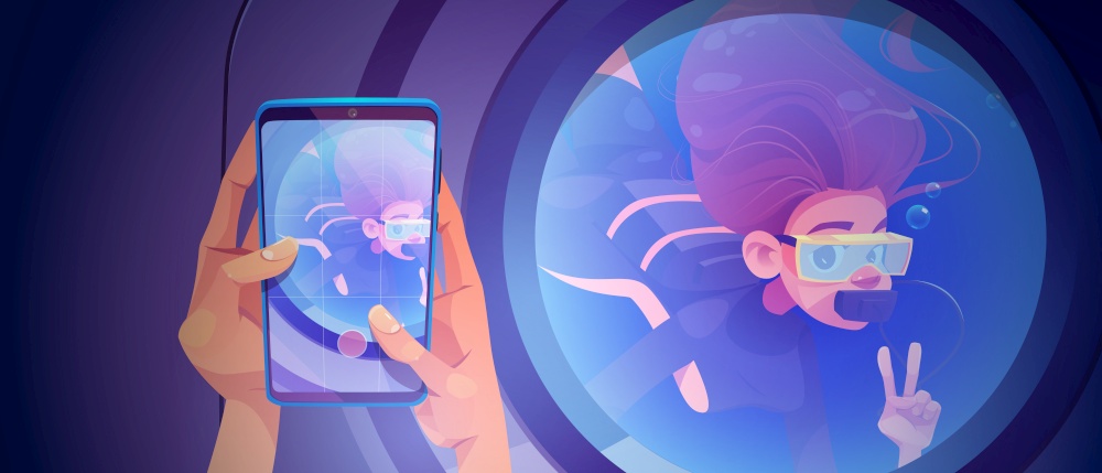 Taking photo on mobile phone of woman scuba diver through porthole. Vector cartoon illustration of hands with smartphone and girl in diving suit shows v sign behind round window. Taking photo on mobile phone of woman scuba diver