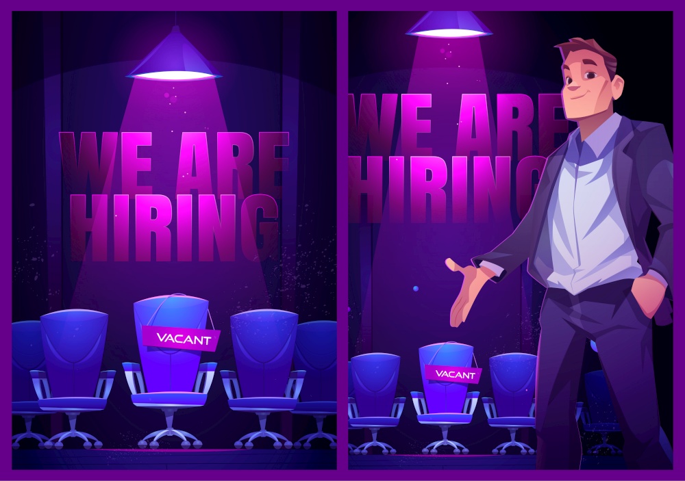 We are hiring posters with empty chair and hr manager. Vector banners of job vacancy, hire staff with cartoon illustration of businessman recruits employee to vacant seat. We are hiring, job vacancy posters