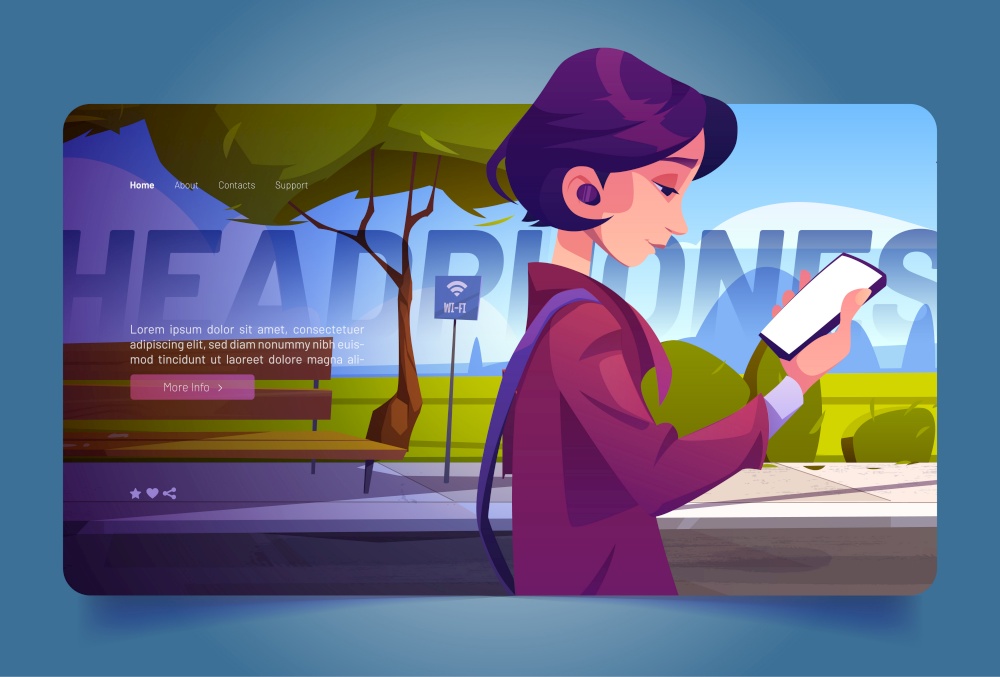 Woman with phone walking in park landing page, young girl using smartphone, listen music with headphones and reading messages with wifi internet connection, gadget networking Cartoon vector web banner. Woman with phone walking in park landing page