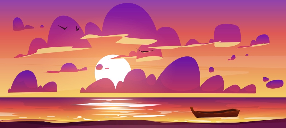 Sea or ocean beach with wooden boat at sunset. Vector cartoon illustration of evening seascape with sand shore, boat on water, sun, clouds and birds in orange and pink sky. Sea or ocean beach with wooden boat at sunset