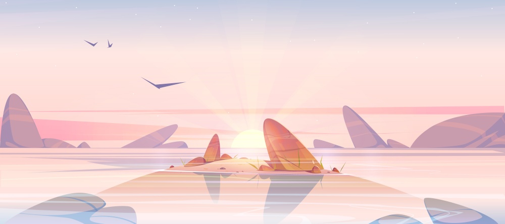 Sunrise in ocean, pink sky with shining sun go up at sea shallow with rocks sticking up of calm water. Beautiful rocky view, nature landscape background, early morning. Cartoon vector illustration. Sunrise in ocean, pink sky with sun at sea shallow