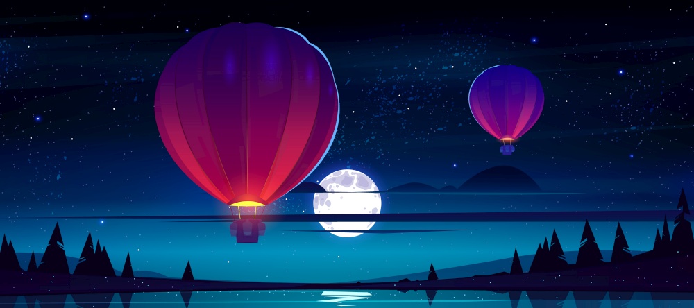 Air balloons flying at night starry sky with full moon and clouds over lake with rocks and conifers trees. Aerial flight travel, midnight scenery landscape, Cartoon vector illustration, background. Air balloons flying at night starry sky with moon