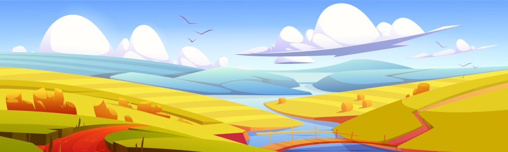 Autumn landscape with hay bales on agriculture field, road and wooden bridge over river. Vector cartoon illustration of countryside, farmland with round wheat straw rolls and blue water stream. Autumn landscape with river and hay bales on field