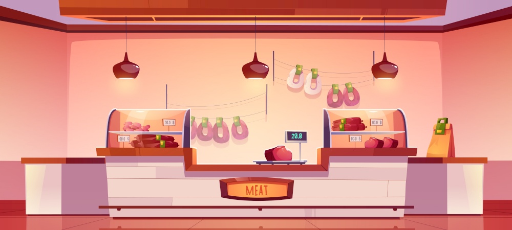 Meat shop, butchery store interior with farm production on showcase, cashier desk and scales. Fresh sausages hang on wall, farmer meaty products, food in supermarket stall, Cartoon vector illustration. Meat shop, butchery store with farm production