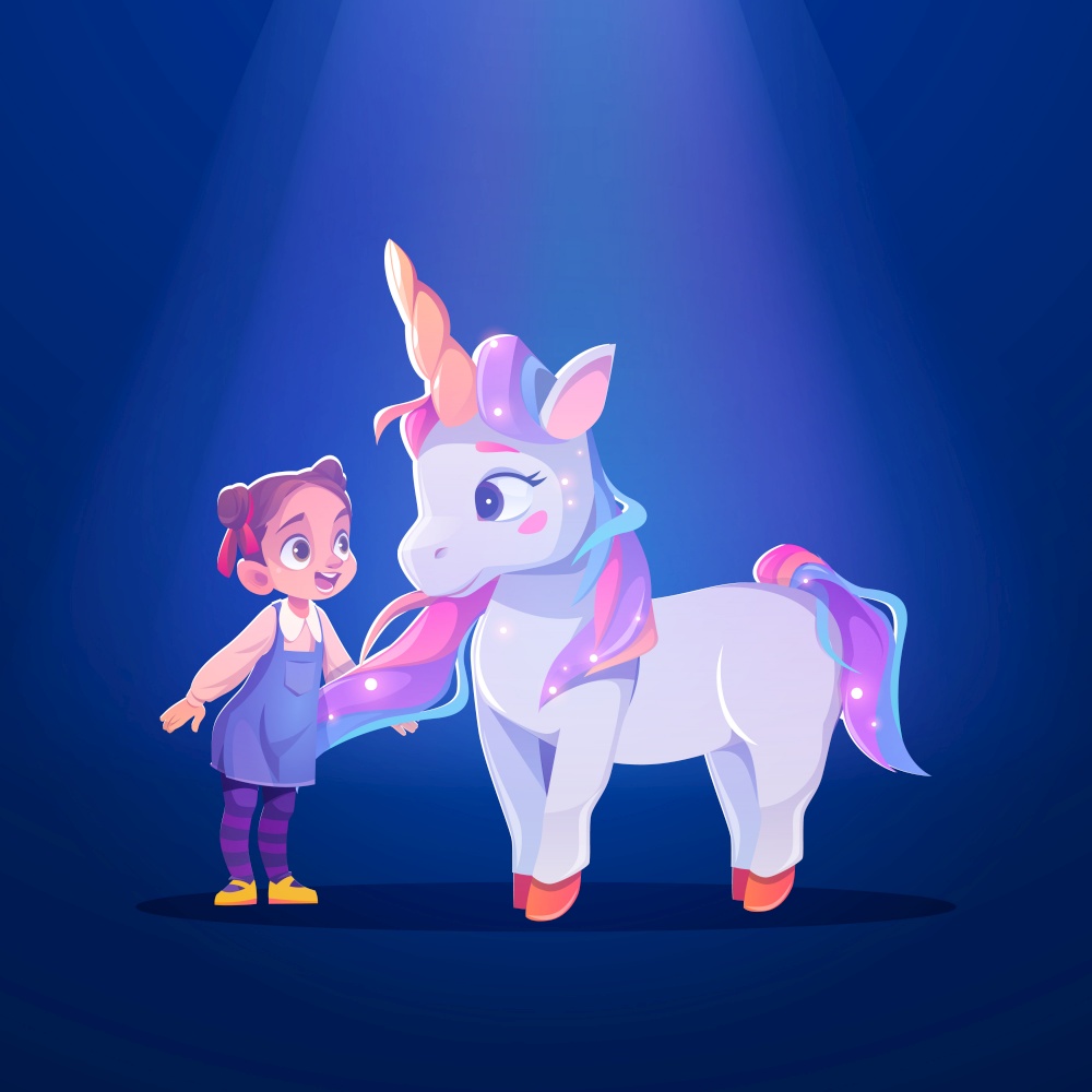 Unicorn and little girl cartoon characters, child and cute white pony or horse with horn and rainbow mane. Sweet dream, baby imagination, fantasy animal and kid meet at light beam, Vector illustration. Unicorn and little girl, child and cute white pony