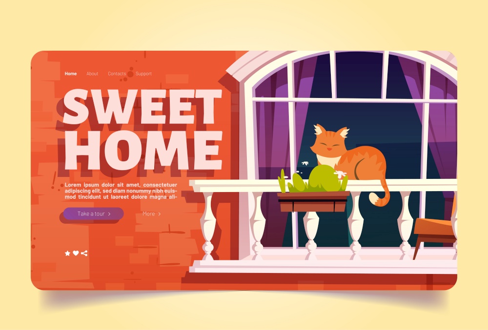 Sweet home with cat sleep on balcony cartoon landing page. Pet relax outside of house. Calm kitten lying on banister at brick wall facade with arched window, domestic animal life Vector illustration. Sweet home, cat sleep on balcony cartoon landing