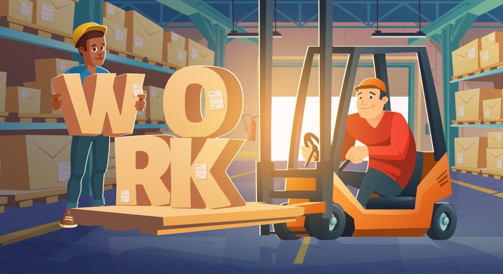Work in warehouse, forklift driver loading cardboard boxes on racks. Freight distribution, logistics and goods delivery business. Workers in storage room at market storehouse, Cartoon vector banner. Work in warehouse, forklift driver loading boxes