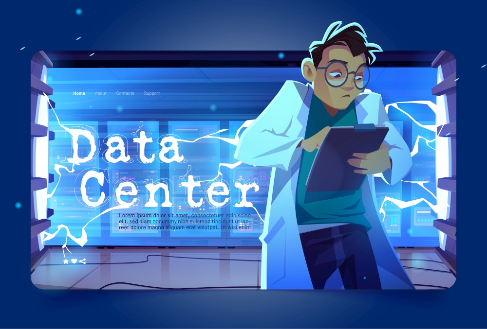 Data center cartoon landing page, geek working in server room with hardware racks, wires and computer processor. Bigdata technology, cloud information base, artificial intelligence Vector web banner. Data center landing page, geek work in server room