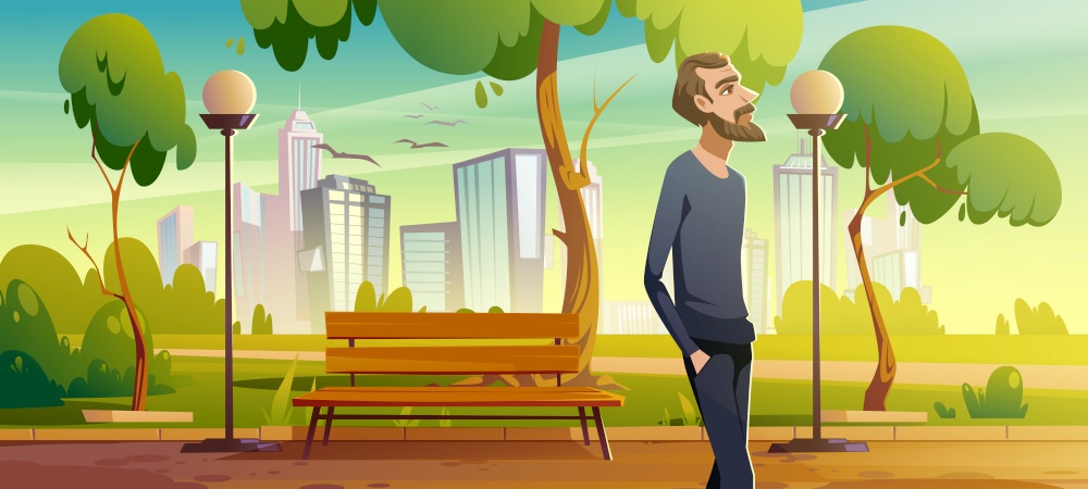 Man walk in city park enjoy nature, relaxed male character breath fresh air during unhurried promenade at summer urban garden with bench, city lamps and cityscape view Cartoon vector illustration. Man walk in city park enjoy nature, promenade
