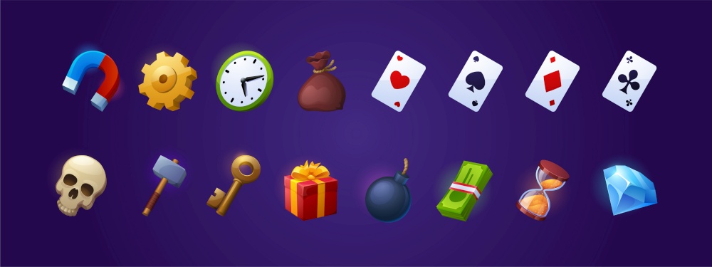 Game icons with key, clock, playing cards, money and gear. Vector cartoon set of symbols for gui of rpg computer or mobile game, diamond, gift, hammer, magnet, bomb and hourglass. Game icons with key, money, playing cards and bomb