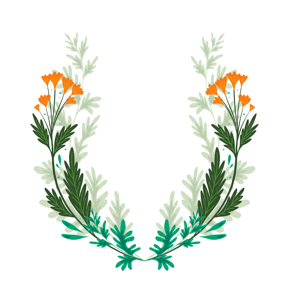 Frame with natural herbs and flowers of the fields. Wreath with wormwood, buttercups and foliage. Branches of plants. Vector template for invitations and banners. Frame with natural herbs and flowers of the fields. Wreath with wormwood, buttercups and foliage. Branches of plants. Vector template