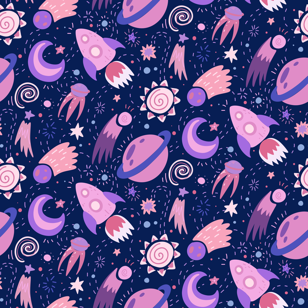 Seamless childish cosmos pattern with stars, moon, shuttle and satellite on dark violet background. Vector cartoon texture of the universe with dots. Vector hand drawn wallpaper of space. Seamless childish cosmos pattern with stars, moon, shuttle and satellite on dark violet background. Vector cartoon texture of the universe with dots.